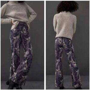 Maeve Anthropologie Paisley Flare Pants Blue Metallic Knit Women’s 4 Small